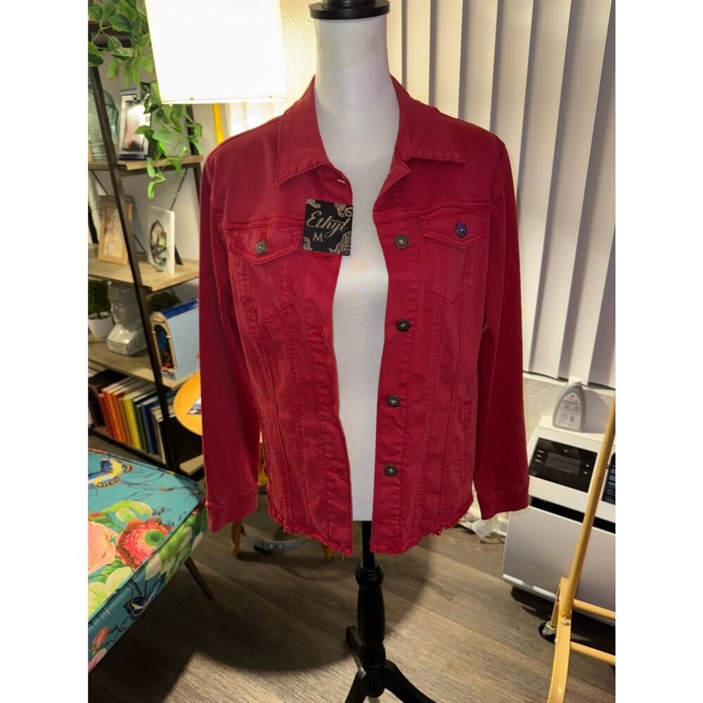 Red Button-Up Denim Jacket - Picture 11 of 13